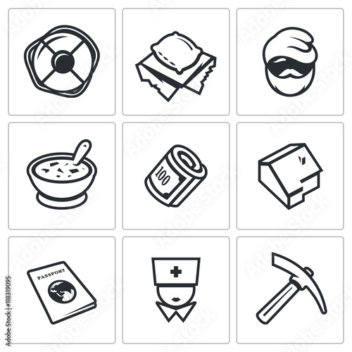 Vector Set of Homeless Icons. Help, Homelessness, Tramp, Food, Benefit, Housing, Document, Medical, Employment.
