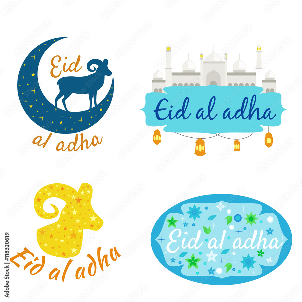 Naklejka premium vector holiday illustration Eid Al Adha label. lettering composition of muslim holy month with mosque building, sparkles and glitters