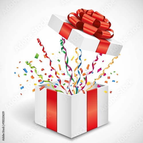Open gift with fly streamer and confetti 3d illustration Vector