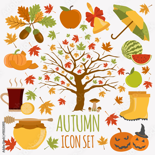Autumn icon set. Halloween and Thanksgiving day. Flat design