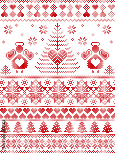 Scandinavian style inspired Christmas and festive winter seamless pattern in cross stitch, knitting style with Xmas trees , snowflakes, angels, stars, hearts, decorative ornaments in red and white