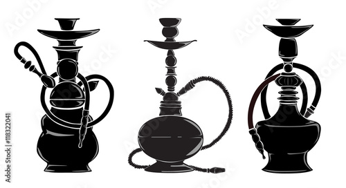 Three hookas silhouettes. Isolated black hookas on white background. Decoration for bar.