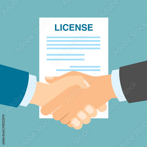 License safety handshake. Men shacking hands for insurance of license, patent from copyriting.