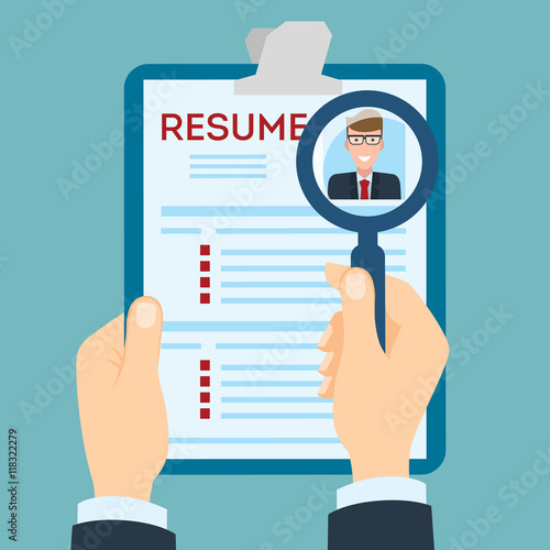 Resume with magnifier at the table. Cv resume concept. Finding a worker. Apply for a job. Business opportunity. Cv profile.