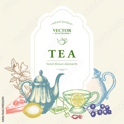 Tea vector card design ink hand drawn illustration