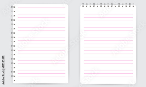 Blank realistic spiral notepad notebook with pink thin horizontal lines isolated on white vector. Display Mock up.