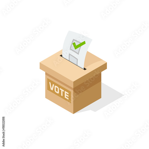 Voting box vector illustration with inserting paper sheet of elected checkmark, flat cartoon isometric vote box isolated on white background