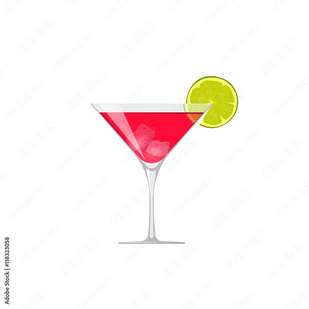 Cocktail icon vector isolated, flat glass of cold fresh beverage with lime and ice pieces Cocktail icon vector isolated, flat glass of cold fresh beverage with lime and ice pieces