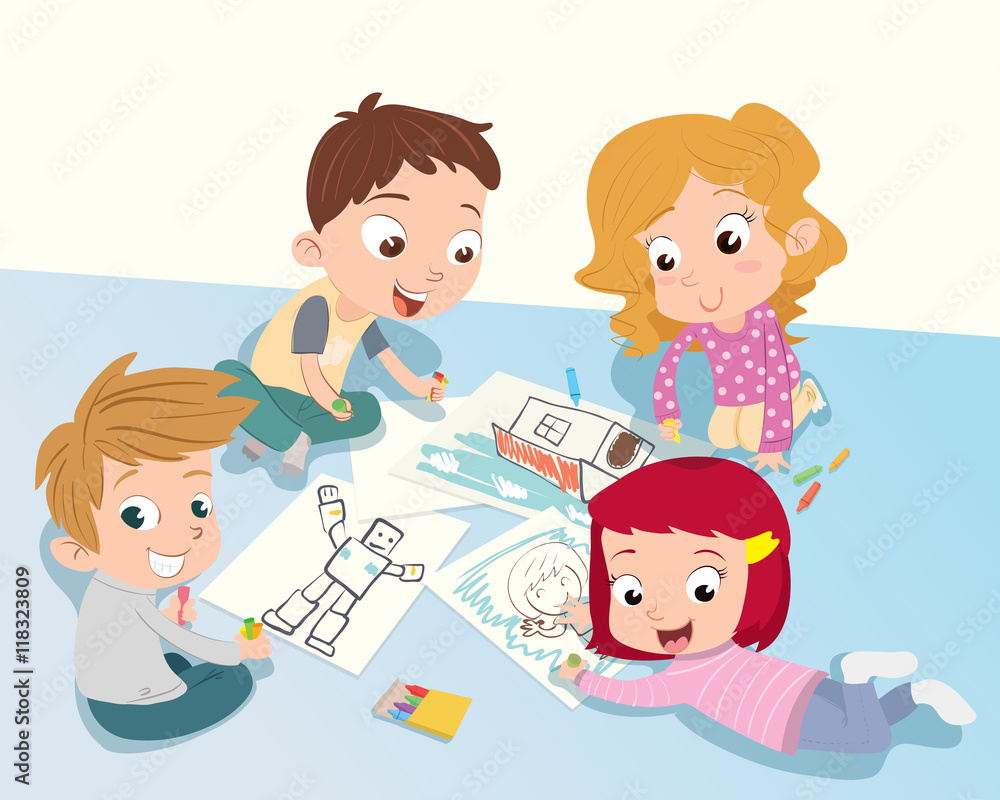 group of children drawing with colorful pencils togetther. group of children drawing with colorful pencils togetther.