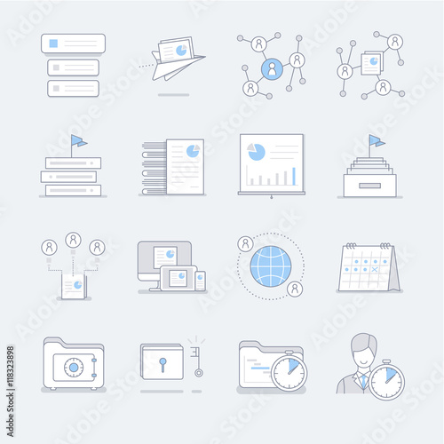 Work process line icons in blue pastel color