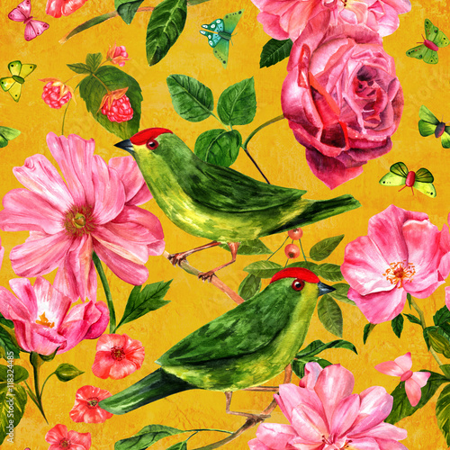 Seamless background pattern with birds and flowers