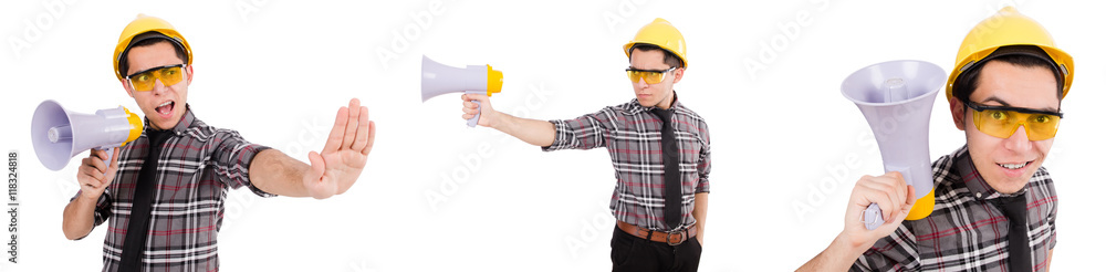 Young construction worker with loudspeaker isolated on white Young construction worker with loudspeaker isolated on white