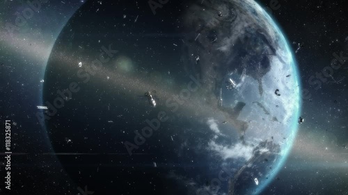 Ring of debris around Earth. Artistic visualization of orbiting space garbage problem. Two fragments of satellite collide and create new debris.  photo