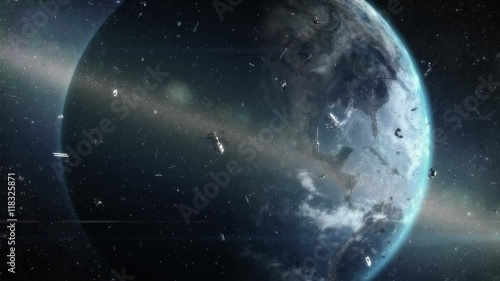 Ring of debris around Earth. Artistic visualization of orbiting space garbage problem. Two fragments of satellite collide and create new debris. 
