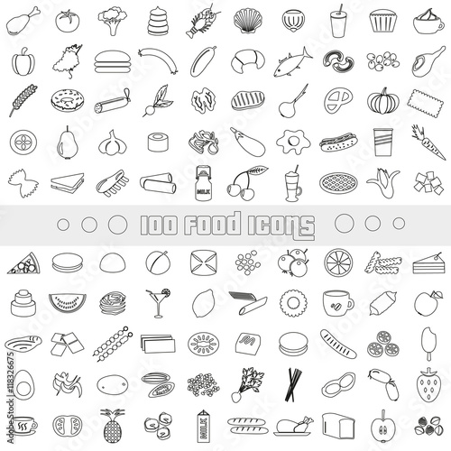 hundred various food and drink outline icons big set eps10