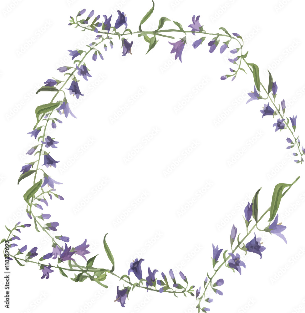 Fototapeta premium Wild flowers frame painted by watercolor. Greeting card. Wedding design. Window for text. Hand drawn vector illustration.