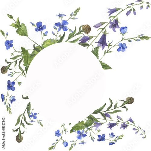 Wild flowers painted by watercolor. Greeting card. Wedding design. Window for text. Hand drawn vector illustration.