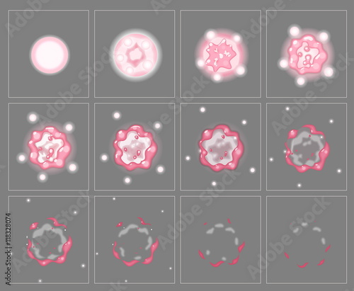 Pink fire explosion special effect fx animation frames sprite sheet. Toxic fireball explosion frames for flash animation in games, video and cartoon.