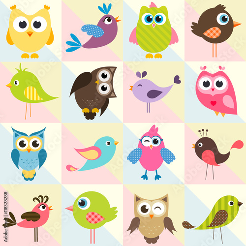 background with funny birds and owls
