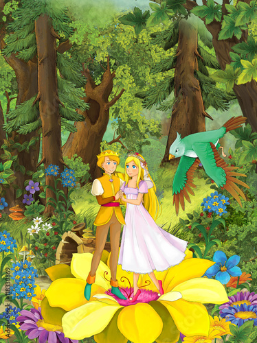 Cartoon scene with young royal couple - boy and girl - prince and princess in the forest - walking - illustration for children 