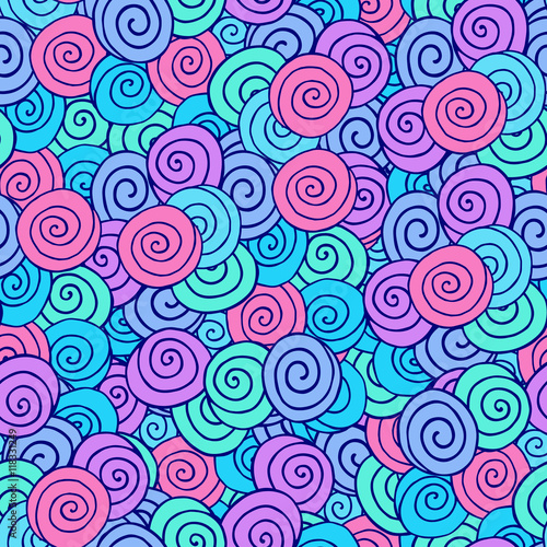 Doodle seamless pattern of circle, doodle pattern, spiral background, pink, blue, lilac circle. Hand drawn doodle background. Vector doodle for web, wrapping, wallpaper, textile
