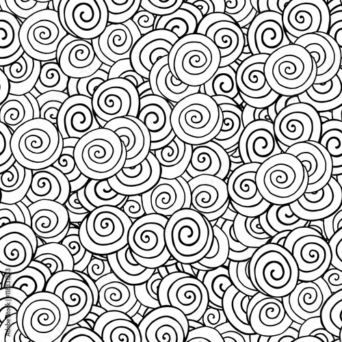 Doodle seamless pattern with black and white spiral. Black and white circle. Hand drawn doodle background. Vector doodle. Design for web, wrapping, wallpaper, flyer, textile