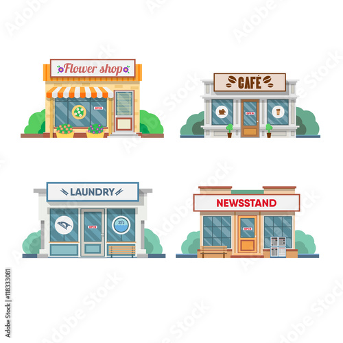 Flower shop, laundry, barber , bakery, newsstand, cafe facade in the town.