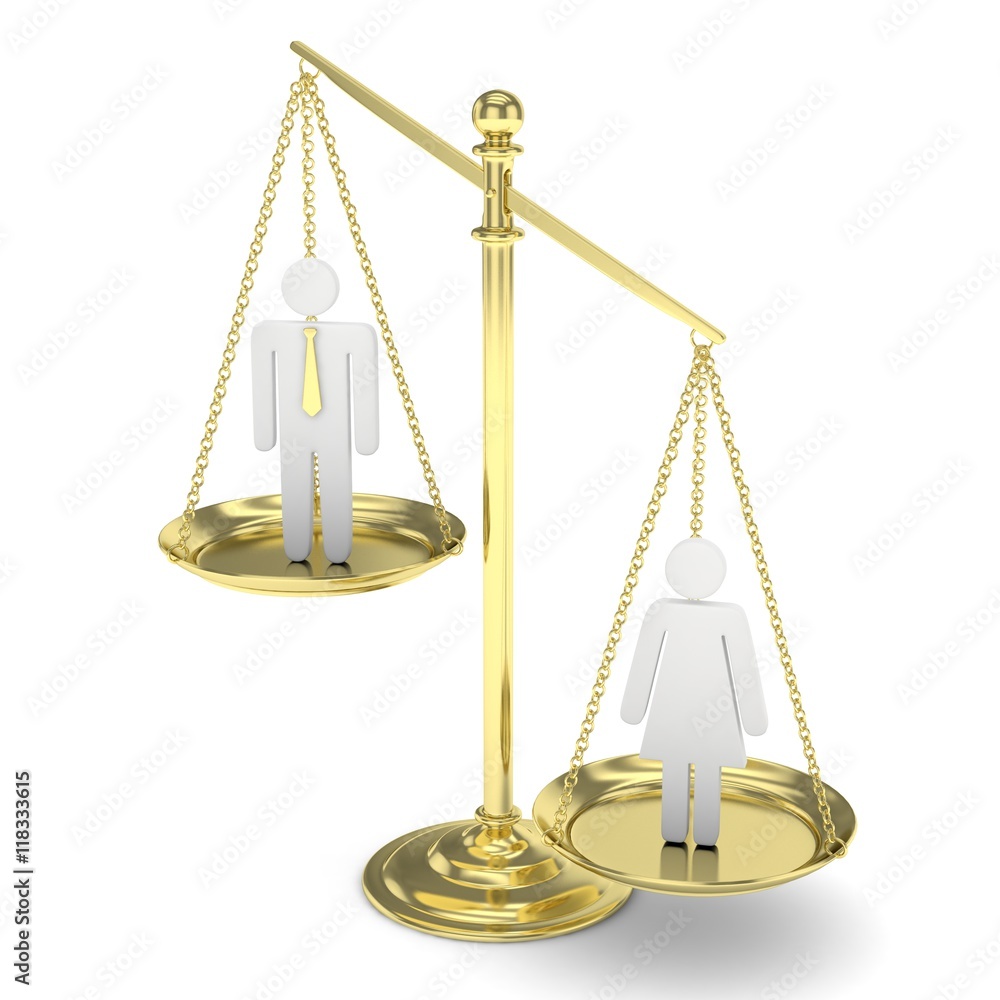 Isolated old fashioned pan scale with man and woman on white background. Gender inequality. Female is heavier. Law issues. Silver model. 3D rendering. Isolated old fashioned pan scale with man and woman on white background. Gender inequality. Female is heavier. Law issues. Silver model. 3D rendering.