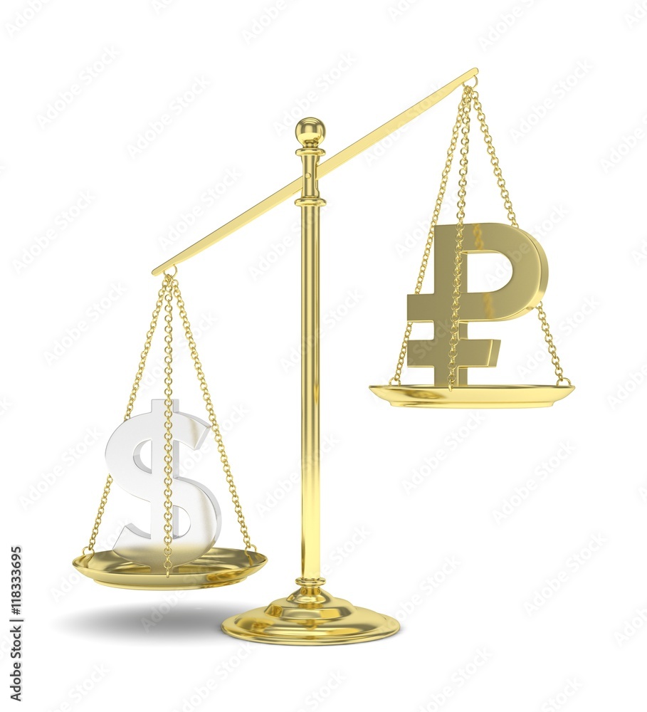 Isolated old fashioned pan scale with dollar and ruble on white background. American and russian currency. Dollar is heavier. Silver usd, golden rouble. 3D rendering. Isolated old fashioned pan scale with dollar and ruble on white background. American and russian currency. Dollar is heavier. Silver usd, golden rouble. 3D rendering.