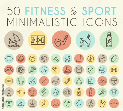 Set of 50 Isolated Universal Minimal Simple Vintage Thin Line Fitness and Sport Icons on Circular Color Buttons.