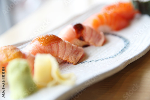 Japanese food salmon sushi set with salmon maki salmon sushi and