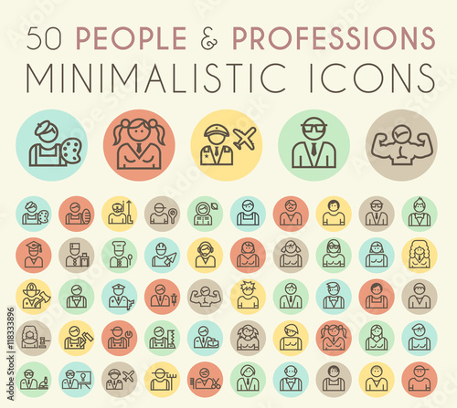 Set of 50 Isolated Universal Minimal Simple Vintage Thin Line People and Professions Icons on Circular Color Buttons.