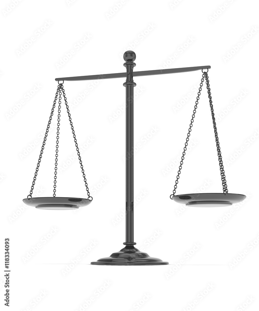 Isolated black scales on white background. Symbol of judgement. Law, measurement, liberty in one concept. 3D rendering. Isolated black scales on white background. Symbol of judgement. Law, measurement, liberty in one concept. 3D rendering.