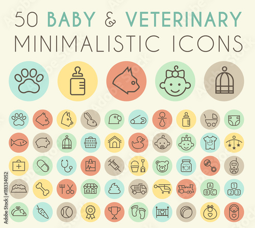 Set of 50 Isolated Universal Minimal Simple Vintage Thin Line Baby and VeterinaryIcons on Circular Color Buttons.