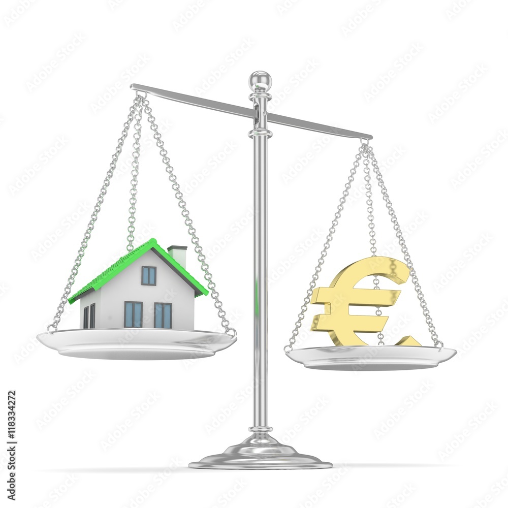 Isolated silver scales with golden euro and house on white background. Investment or savings concept. Real estate and currency. 3D rendering. Isolated silver scales with golden euro and house on white background. Investment or savings concept. Real estate and currency. 3D rendering.