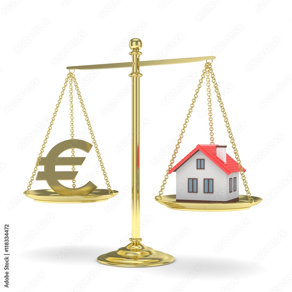 Isolated golden scales with golden euro and house on white background. Investment or savings concept. Real estate and currency. 3D rendering. Isolated golden scales with golden euro and house on white background. Investment or savings concept. Real estate and currency. 3D rendering.