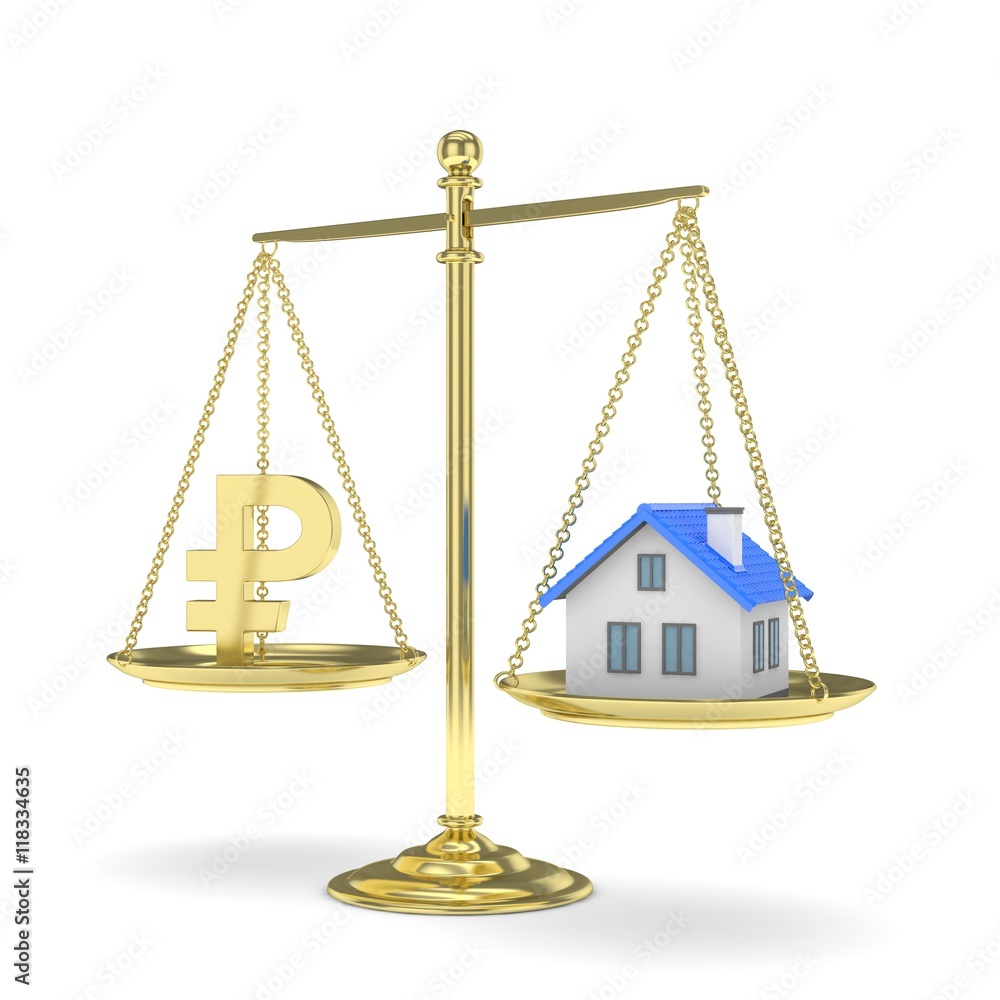 Isolated golden scales with golden rouble and house on white background. Investment or savings concept. Real estate and currency. 3D rendering. Isolated golden scales with golden rouble and house on white background. Investment or savings concept. Real estate and currency. 3D rendering.
