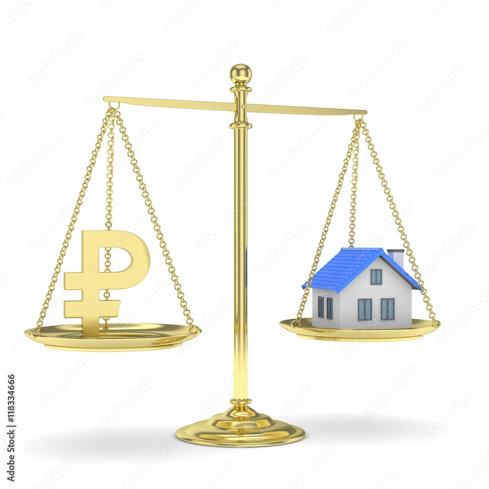 Isolated golden scales with golden rouble and house on white background. Investment or savings concept. Real estate and currency. 3D rendering. Isolated golden scales with golden rouble and house on white background. Investment or savings concept. Real estate and currency. 3D rendering.
