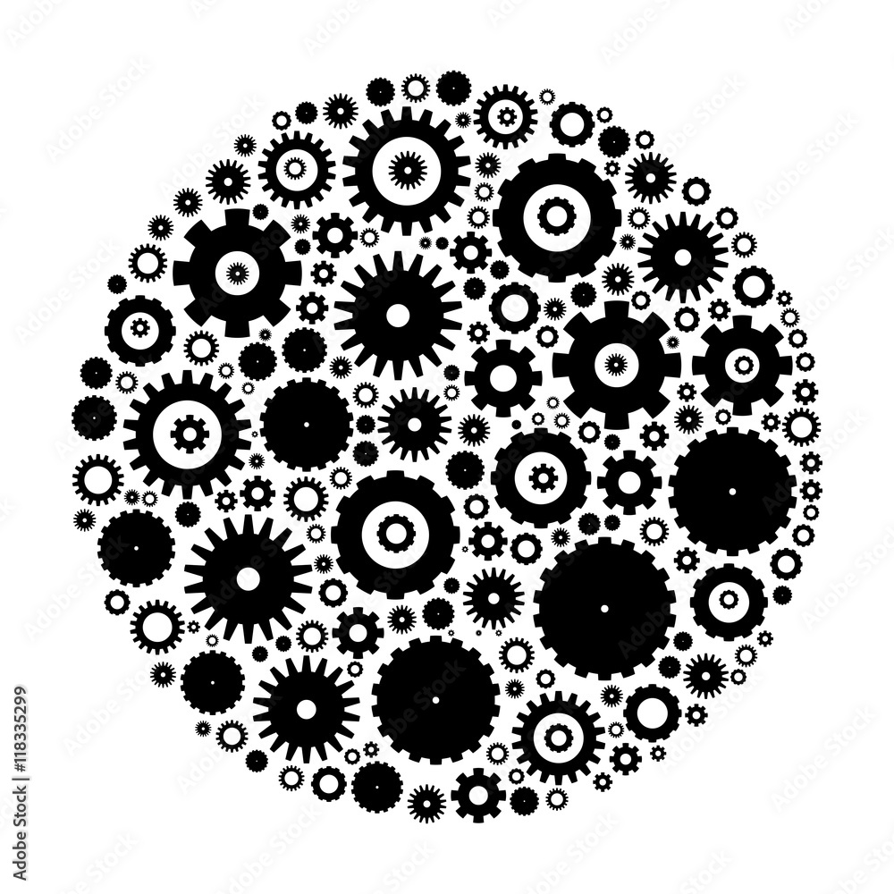Cog wheels arranged in circle shape. Black abstract vector illustration on white background.