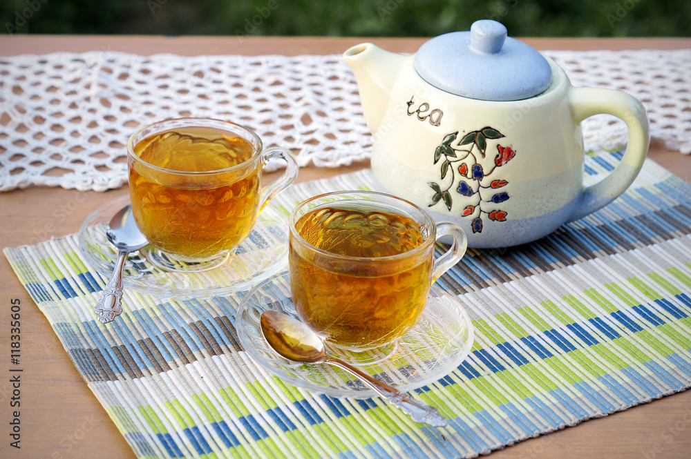 Two cups of tea and tea-kettle Two cups of tea and tea-kettle