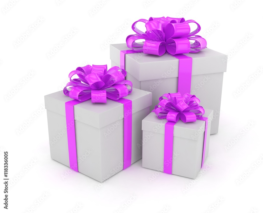 three gift boxes with bows isolated on white. 3d rendering. three gift boxes with bows isolated on white. 3d rendering.
