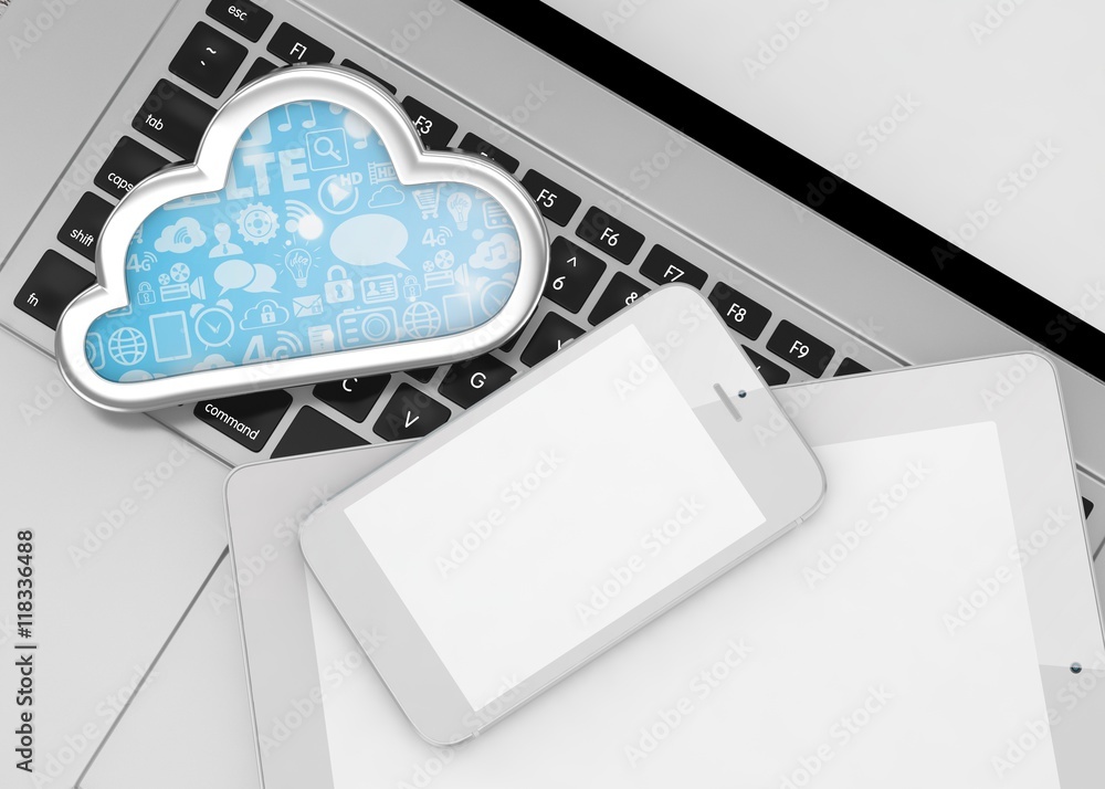 laptop, tablet pc, smart phone and cloud. 3d rendering. laptop, tablet pc, smart phone and cloud. 3d rendering.