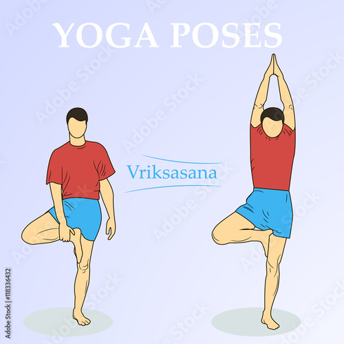 sporty man doing exercise for spine, standing in asana Vrikshasana (Vriksasana, Tree Pose), hands above the head in anjali mudra, yoga for relieving stress.  isolation from the background.