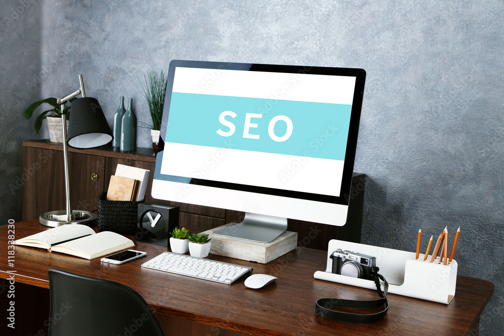 SEO technology concept. Modern workplace interior. SEO technology concept. Modern workplace interior.