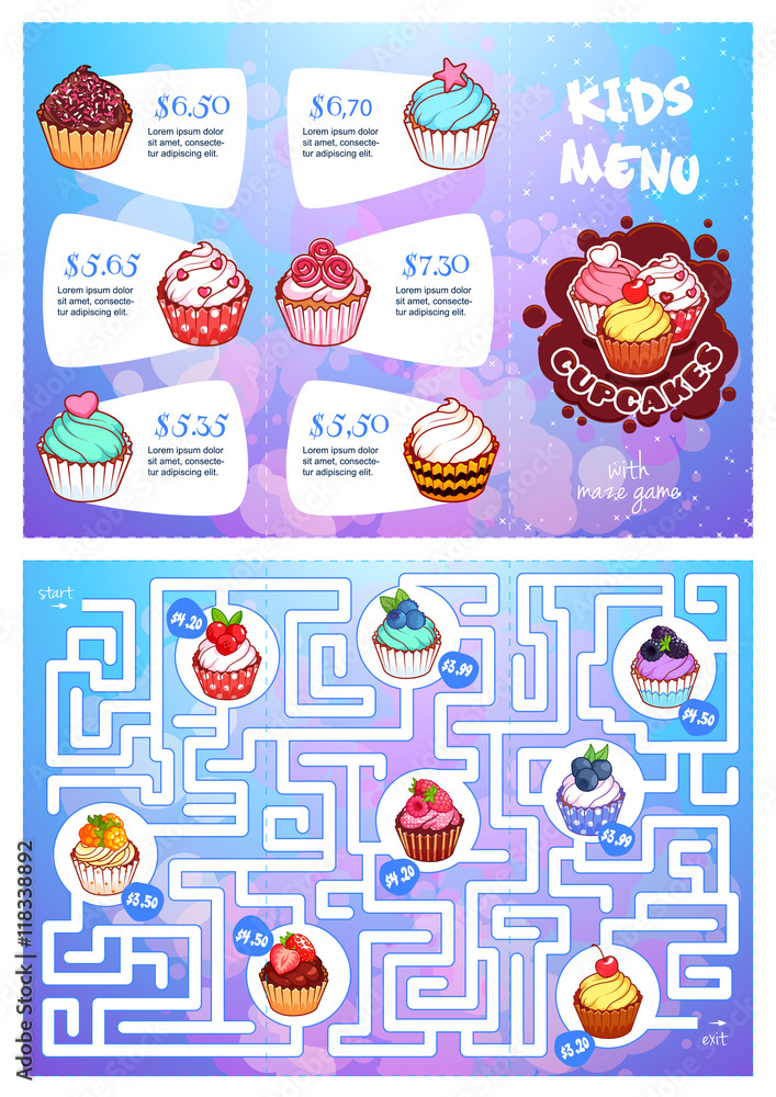 Kids menu with cupcakes and maze game.