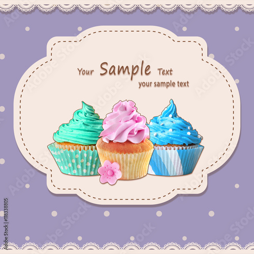 Greeting card with delicious cupcakes and space for text. Vintage style.