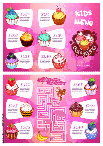 Kids menu with cupcakes and maze game.