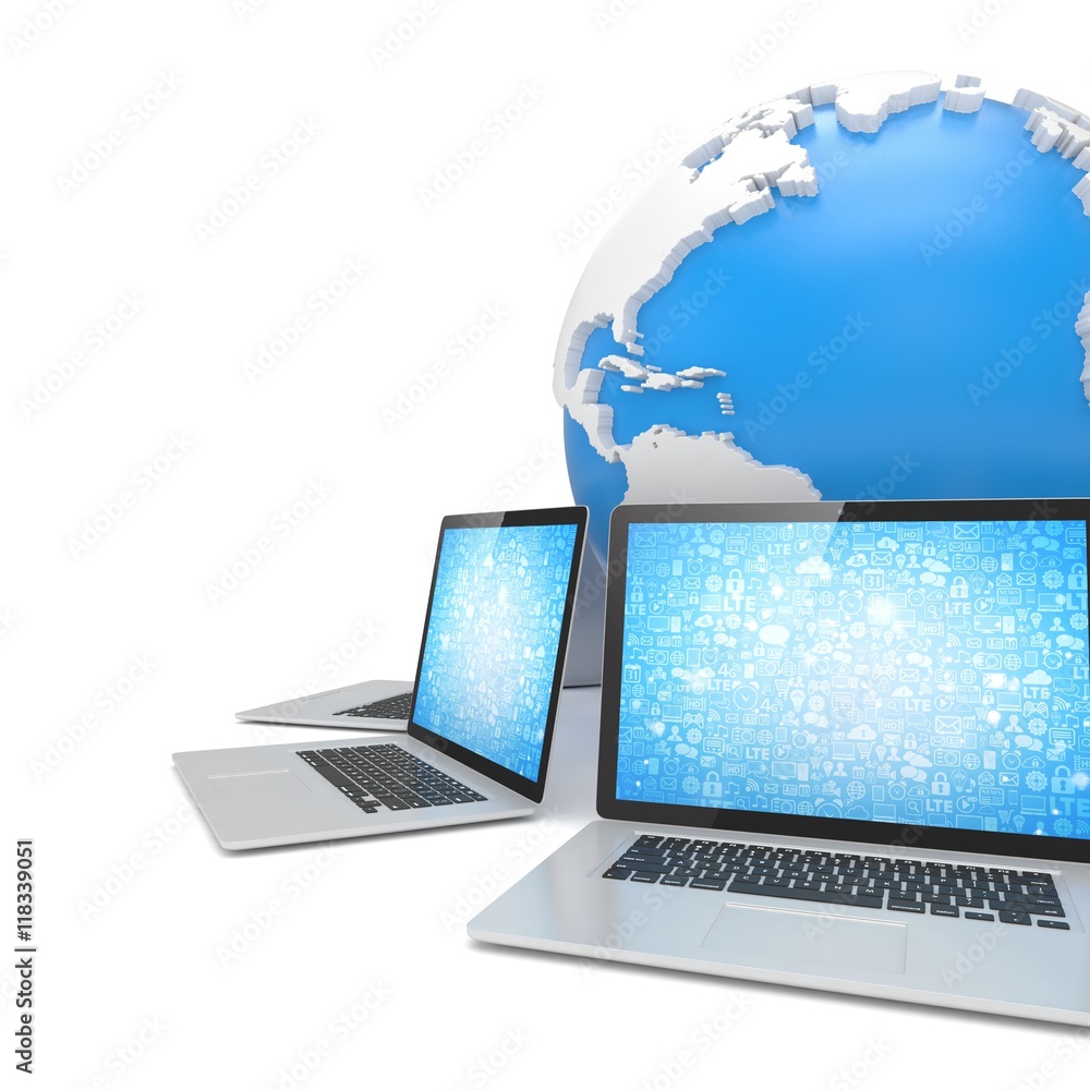 Laptop network around earth globe. 3d render Laptop network around earth globe. 3d render