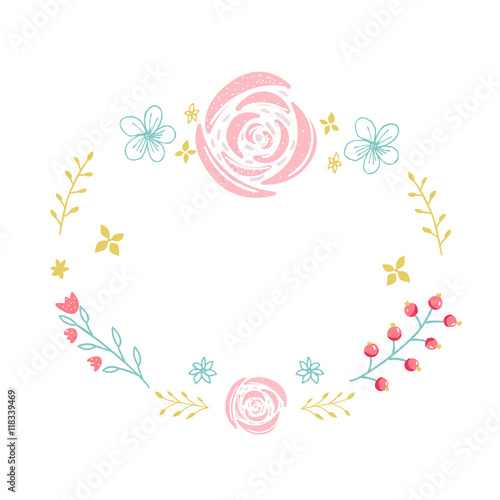 Hand drawn floral wreath with small flowers, rose and branches. Circle frame with copyspace isolated om white background