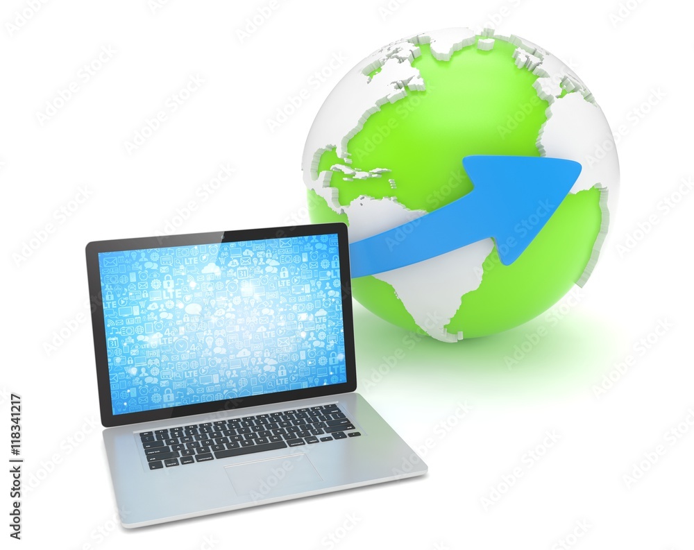 Laptop network and earth globe. 3d render Laptop network and earth globe. 3d render
